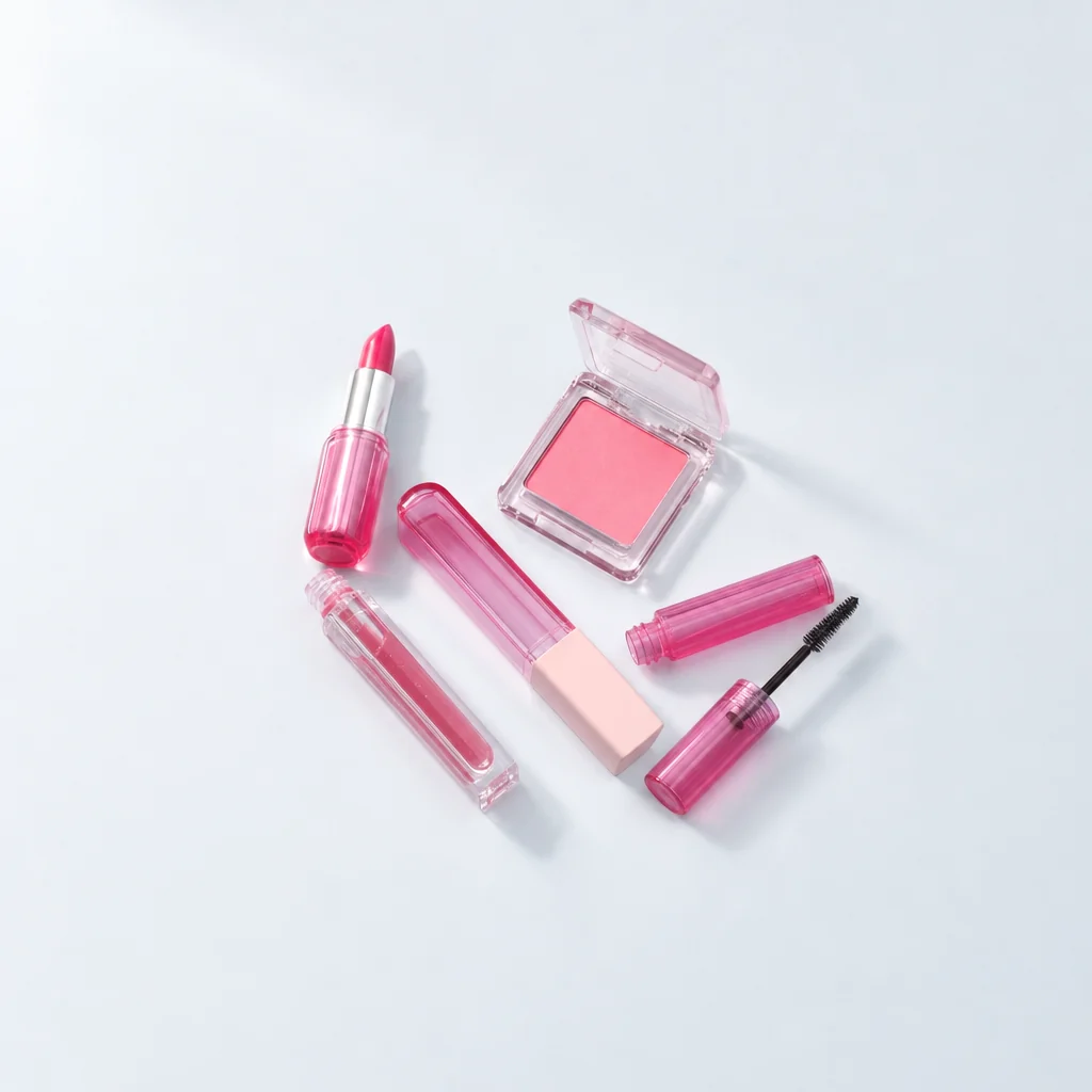 Beauty bundle: lipstick, lip oil, blush compact and mascara on a pale studio floor
