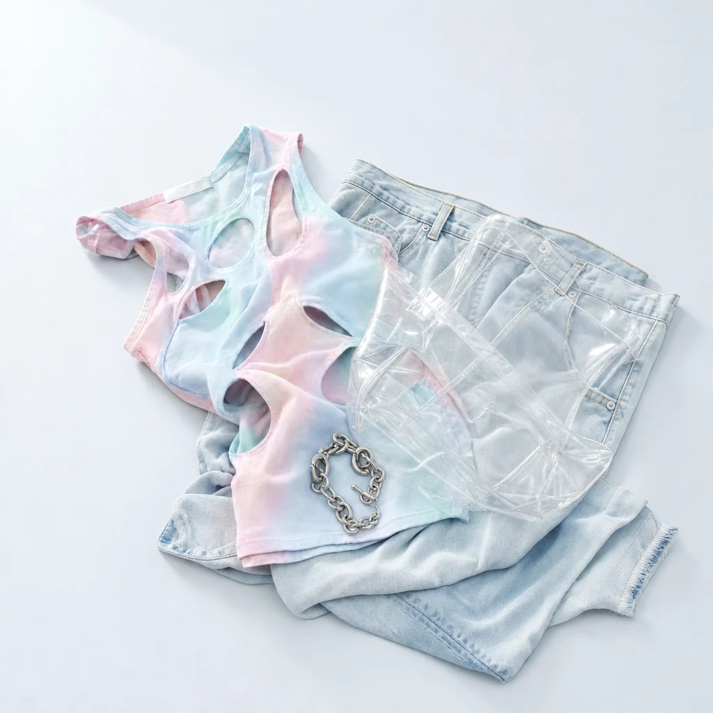 Fashion bundle: tank top, jeans, clear tote and a chain bracelet on a pale studio floor