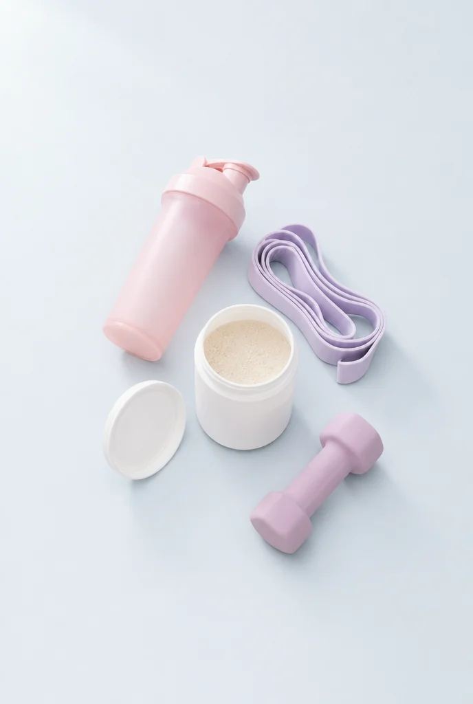 Fitness bundle: shaker bottle, resistance bands, protein tub and a dumbbell on a pale studio floor