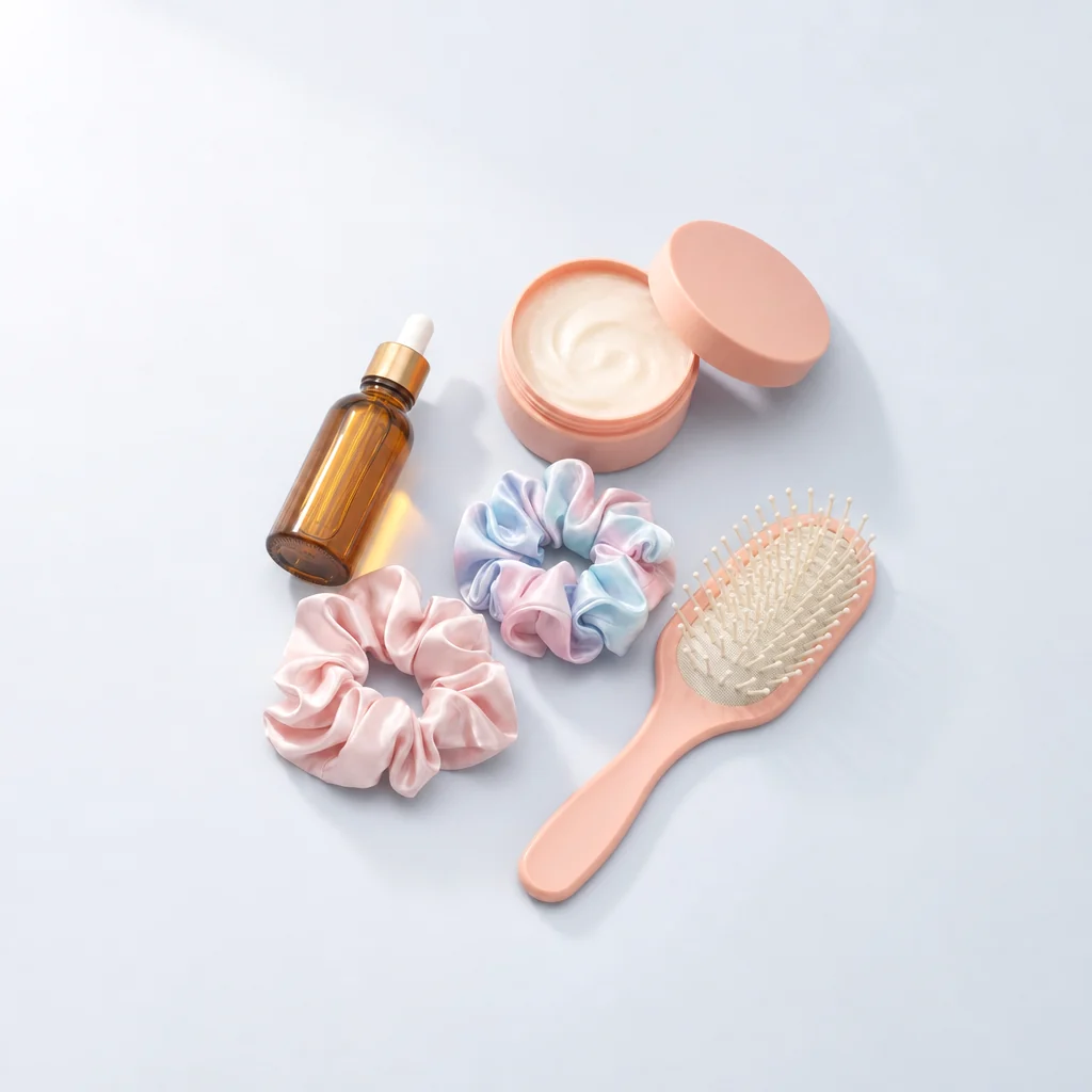 Haircare bundle: hair oil, mask jar, scrunchies and a brush on a pale studio floor