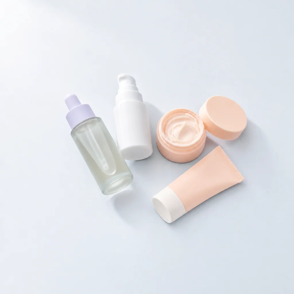 Skincare bundle: serum, moisturiser, cream jar and sunscreen on a pale studio floor