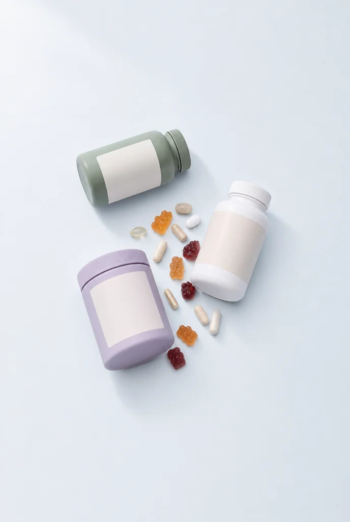 Wellness bundle: supplement bottles, a collagen tub and loose gummies on a pale studio floor